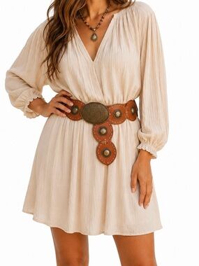 Vintage Fossil Burnt Red Hue Leather Oval Disc Concho Western Belt Boho Y2K Sz L